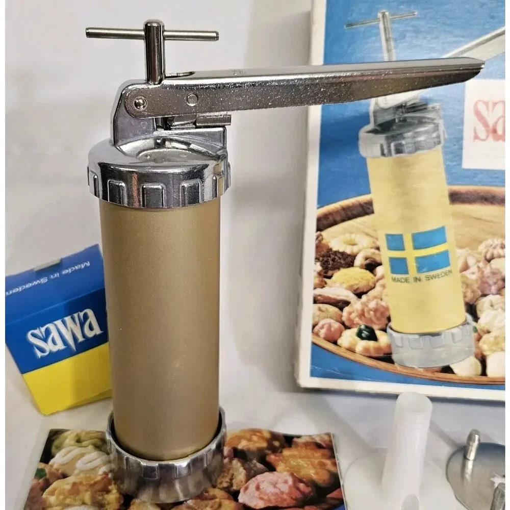 Vintage SAWA 2000 Deluxe Metal Cookie Press Decorator Gun Accessories Set Sweden